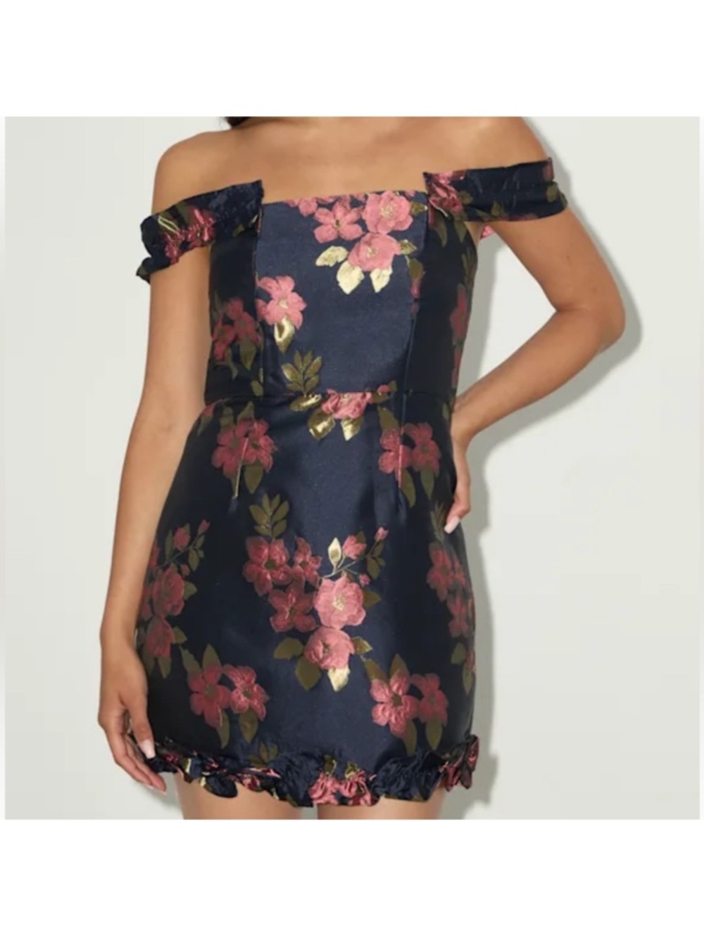 Lulu's Navy Off-Shoulder Floral Jacquard Mini Dress